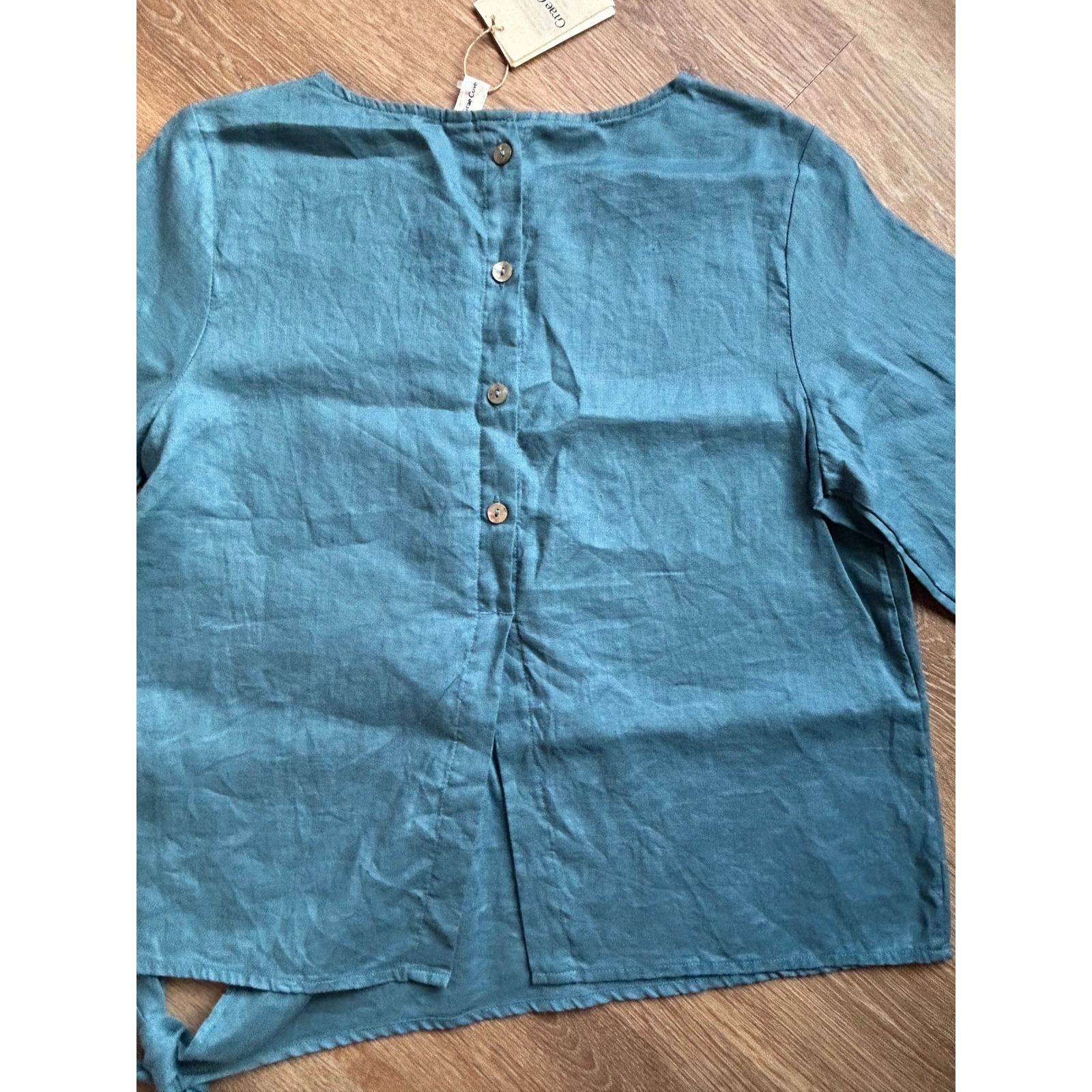 Grae Cove 100% Linen Nwt Side Tie Top Teal Blue Button Down Blouse M — image 6 of 8